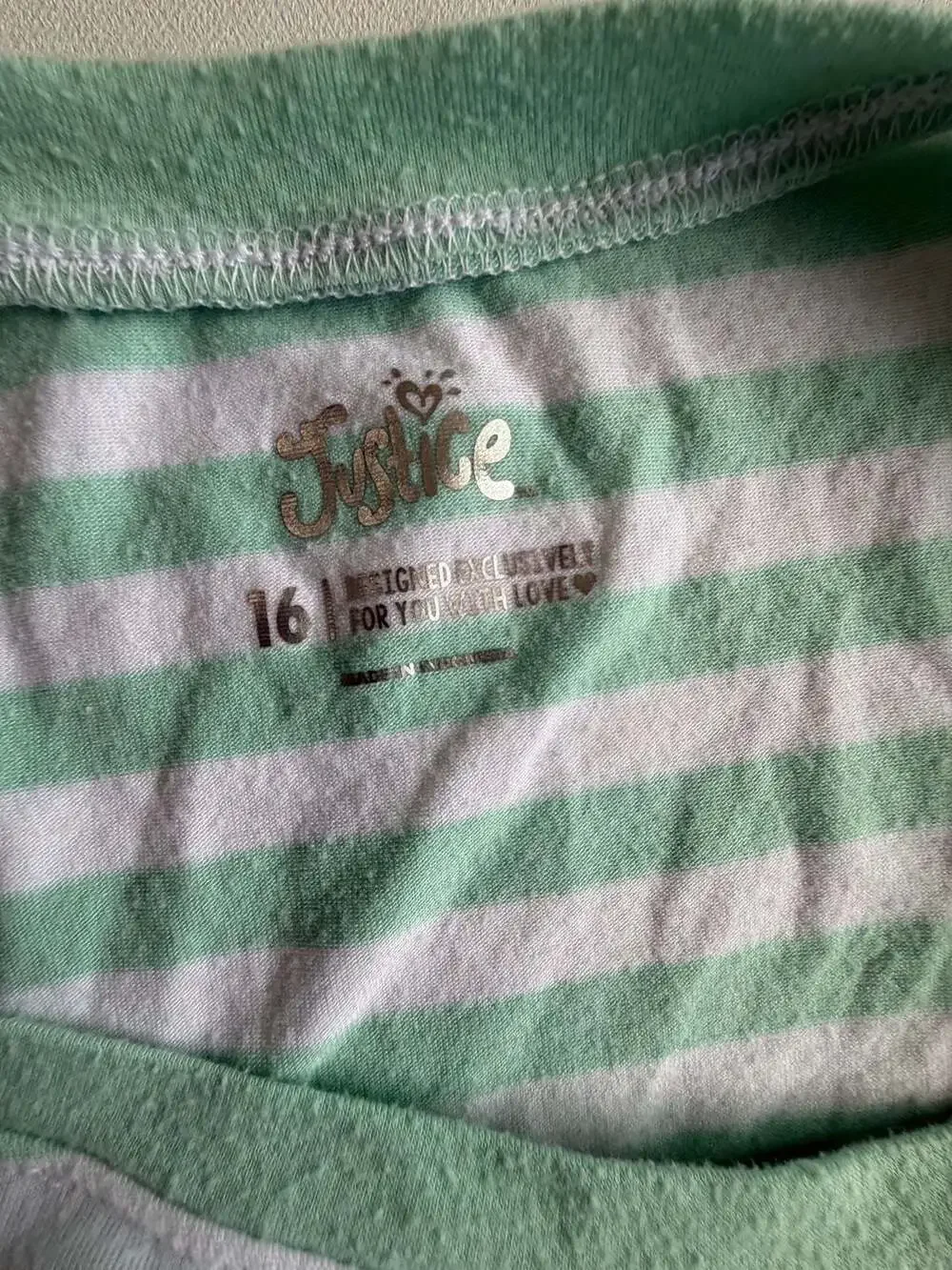 Justice Girls Size 16 Green White Striped Long Sleeve Graphic Tee y2k